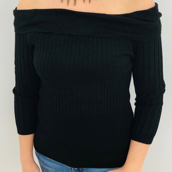 Off shoulder black knit ribbed top with fold over detail at the top - Picture 3 of 3